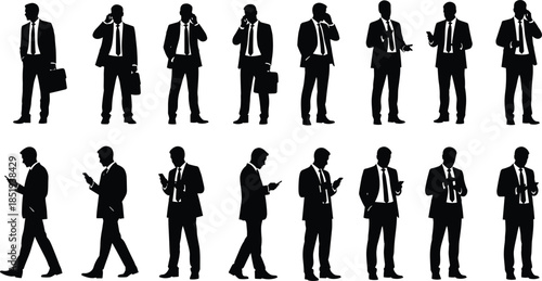 Businessman silhouette collection, corporate executive phone calling texting poses, professional office communication workflow, isolated black figures illustration set, vector bundle