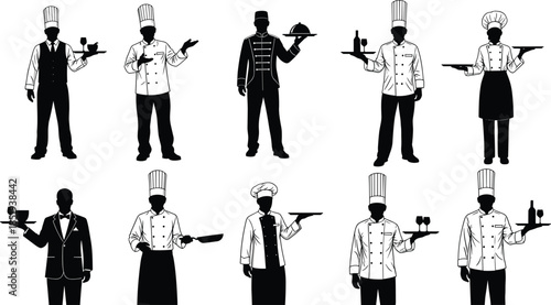 Chef and waiter silhouette collection, restaurant kitchen staff serving food poses, hospitality service professionals, isolated black figures illustration set
