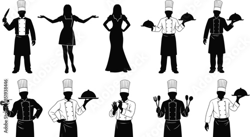 Chef waiter silhouette set, restaurant staff cooking serving poses, culinary hospitality professionals collection, isolated black figures illustration vector design