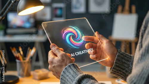 AI creativity neon swirl logo hologram tablet creative technology concept modern workspace designer hand digital art innovation glow futuristic
