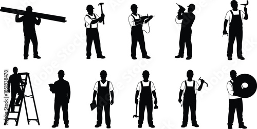 Construction worker silhouettes using tools and equipment isolated on white background, industrial labor professions, building maintenance, renovation service illustration set