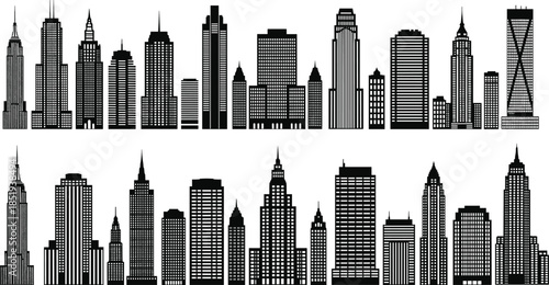 Urban skyline silhouette set with skyscraper shapes, high-rise architecture, black city buildings, modern tower design, vector illustration collection