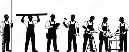 Construction worker silhouettes using tools and machinery isolated on white background, industrial labor, building process, carpentry, engineering concept illustration