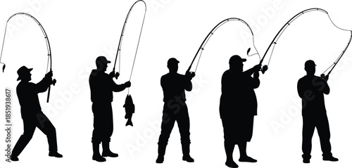 Fisherman silhouettes catching fish with fishing rod isolated on white background, sport fishing action, outdoor recreation, angling lifestyle illustration set