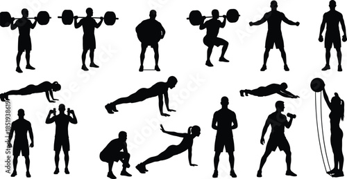 Fitness training silhouette collection, strength workout exercises poses, gym bodybuilding cardio routine, male female athletes, isolated black figures illustration