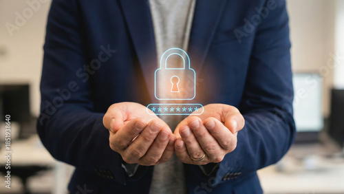 Cyber security data protection digital privacy network safety password lock secure access concept with businessman hand