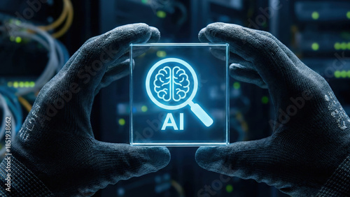 Artificial intelligence research brain icon magnifier technology data analysis innovation concept futuristic scene