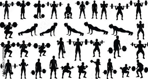 Fitness workout silhouettes set featuring weightlifting squats pushups exercises, male athletes training strength gym routines isolated illustration