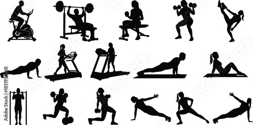 Fitness workout silhouettes showing gym exercises and training poses isolated on white background, healthy lifestyle, strength training, sport illustration