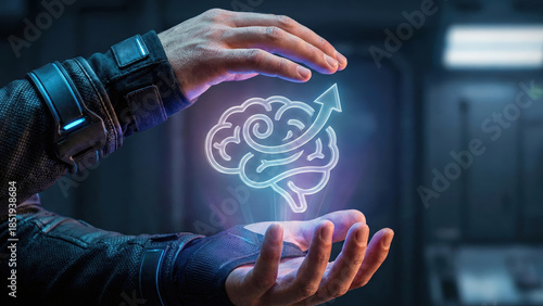 Brain human hand glow neon arrow hologram future concept technology glowing neon brain hologram human hand with arrow future concept digital