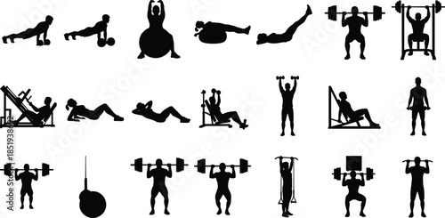 Fitness workout silhouettes showing strength training exercises, gym equipment movements, athletic bodyweight routines, isolated black illustration collection set