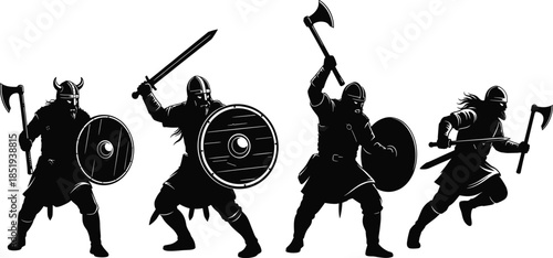 Viking warrior silhouette set with axe, sword, shield, and helmet in battle poses for Norse history vector art illustration