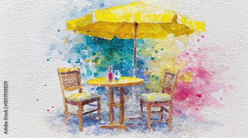 A Serene Watercolor Scene Featuring Two Charming Chairs and a Whispering Umbrella at an Outdoor Café Table