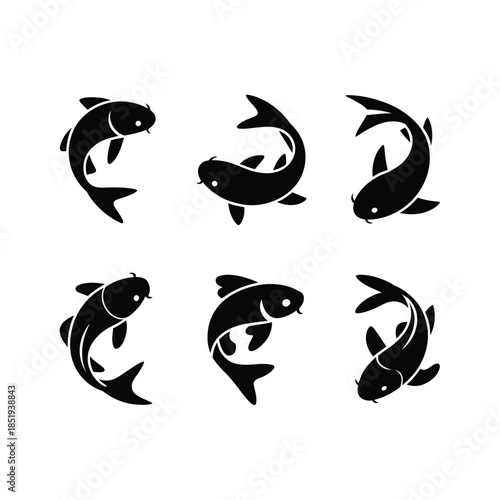 Elegant black koi fish silhouettes gracefully swimming in a simple arrangement