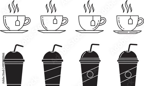 Six graphic icons of steaming coffee cups and soda spray bottles isolated on transparent background