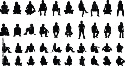 People sitting silhouettes in different relaxed poses isolated on white background, human posture collection, casual lifestyle, design reference illustration set
