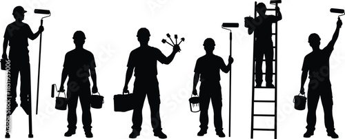 Professional painter worker silhouettes holding tools and ladder isolated on white background, house painting service, renovation, maintenance concept illustration