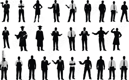 Professional people silhouette collection, business workers career roles poses, corporate education service occupations, isolated black figures set, teamwork leadership illustration