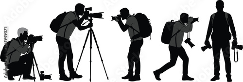 Professional photographer silhouettes using camera and tripod in different shooting poses isolated on white background, photography workflow illustration set