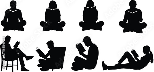 Reading people silhouette collection, men women sitting reading books, education study leisure concept, isolated black figures illustration set, vector design