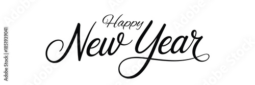 Happy New Year minimal calligraphy typography design with elegant hand lettering isolated on white background for holiday celebration