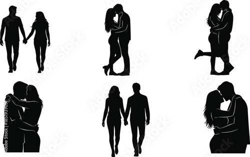 Romantic couple silhouettes holding hands and kissing in different poses isolated on white background, love relationship, romance lifestyle illustration