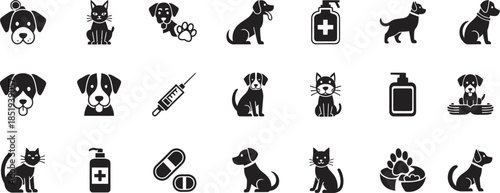 Set of black and white pet icons isolated on transparent background