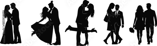 Romantic couple silhouettes in love showing kissing and walking poses isolated on white background, relationship, wedding, romance lifestyle illustration