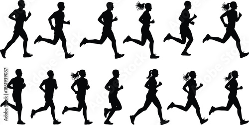 Running people silhouette sequence, men women jogging sprinting poses, fitness cardio training, isolated black runner figures illustration set, vector design