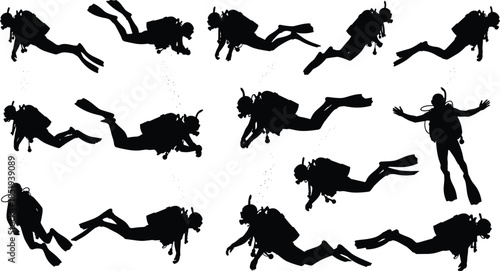Scuba diver swimming motion silhouettes showing underwater diving sequence isolated on white background, extreme marine sport, ocean exploration illustration set