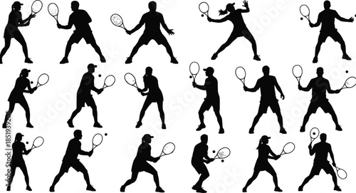 Tennis player silhouettes hitting forehand backhand serves, professional athletes in action poses, racket sport training illustration isolated vector collection dynamic