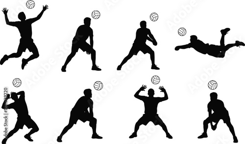 Volleyball player silhouettes showing jumping digging receiving blocking actions, professional athletes sports movement isolated illustration set collection