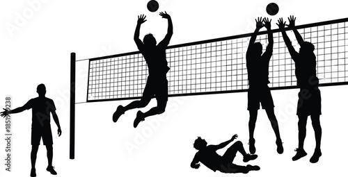 Volleyball player silhouettes jumping and blocking at net isolated on white background, competitive team sport action, match play illustration set