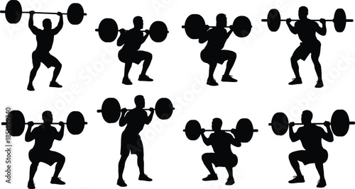 Weightlifting squat silhouette sequence, barbell strength training poses, powerlifting workout routine, gym fitness athletes, isolated black figures illustration set