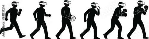Virtual reality silhouette set showing active people in motion with headset engaging in sports, fitness, gaming, and immersive tech experience