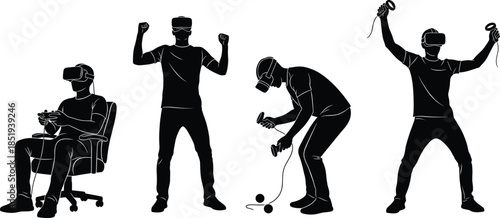 Virtual reality silhouette set of male gamers using VR headset and controllers in seated, standing, and interactive gaming poses vector