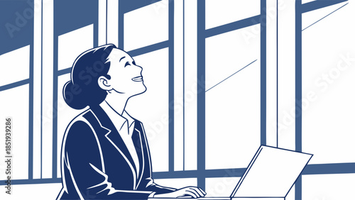 A joyful professional looking up working on a laptop.