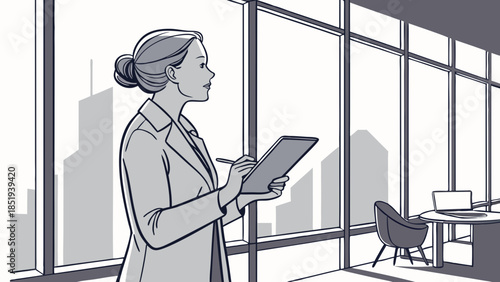 A woman in a business outfit holding a tablet looking through a window.