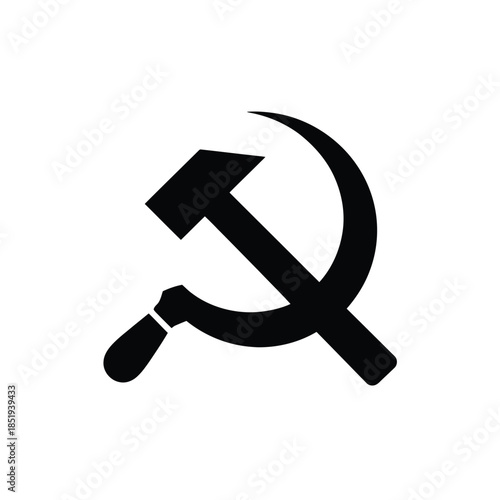 A stark black silhouette of a hammer and sickle symbol on a white background