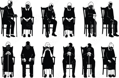 Elderly people silhouettes sitting on chairs, illustrating aging, senior lifestyle, loneliness, retirement, health, and generational life stages concept