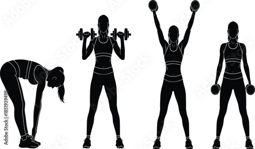 Female fitness workout silhouettes with dumbbells showing strength training, exercise routine, healthy lifestyle, and gym motivation concept