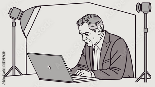 Business Professional Working on Laptop in Studio Setting.