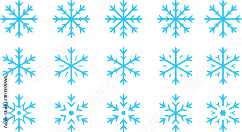 Blue snowflakes set. Vector illustration of snowflakes icon set on transparent background. Craft sparkle and crystal elements for Christmas