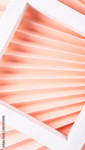 Abstract geometric composition with layered pink and white shapes creating depth and texture