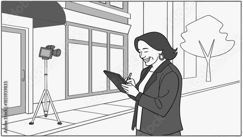 Businesswoman in a business suit smiling and writing with video camera set up.