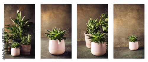 Assorted indoor plants in decorative pots arranged on a textured surface with natural lighting
