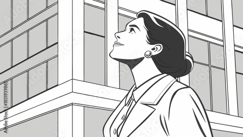 Businesswoman looking up at building dreaming of success illustration.