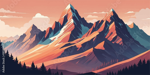 Vibrant alpine landscape featuring sharp peaks and rolling hills in a clean vector style.