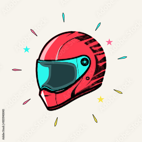Halftone pop art comic red racing helmet with teal visor and safety protection design for sports, vector illustration