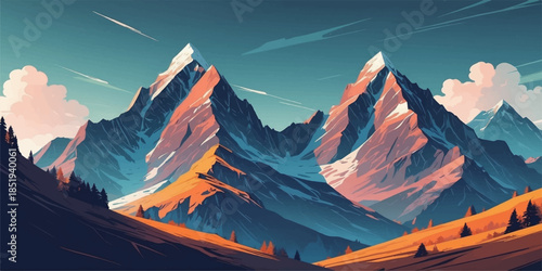Stylized mountain range with warm gradients and deep shadows, scenic nature background artwork.